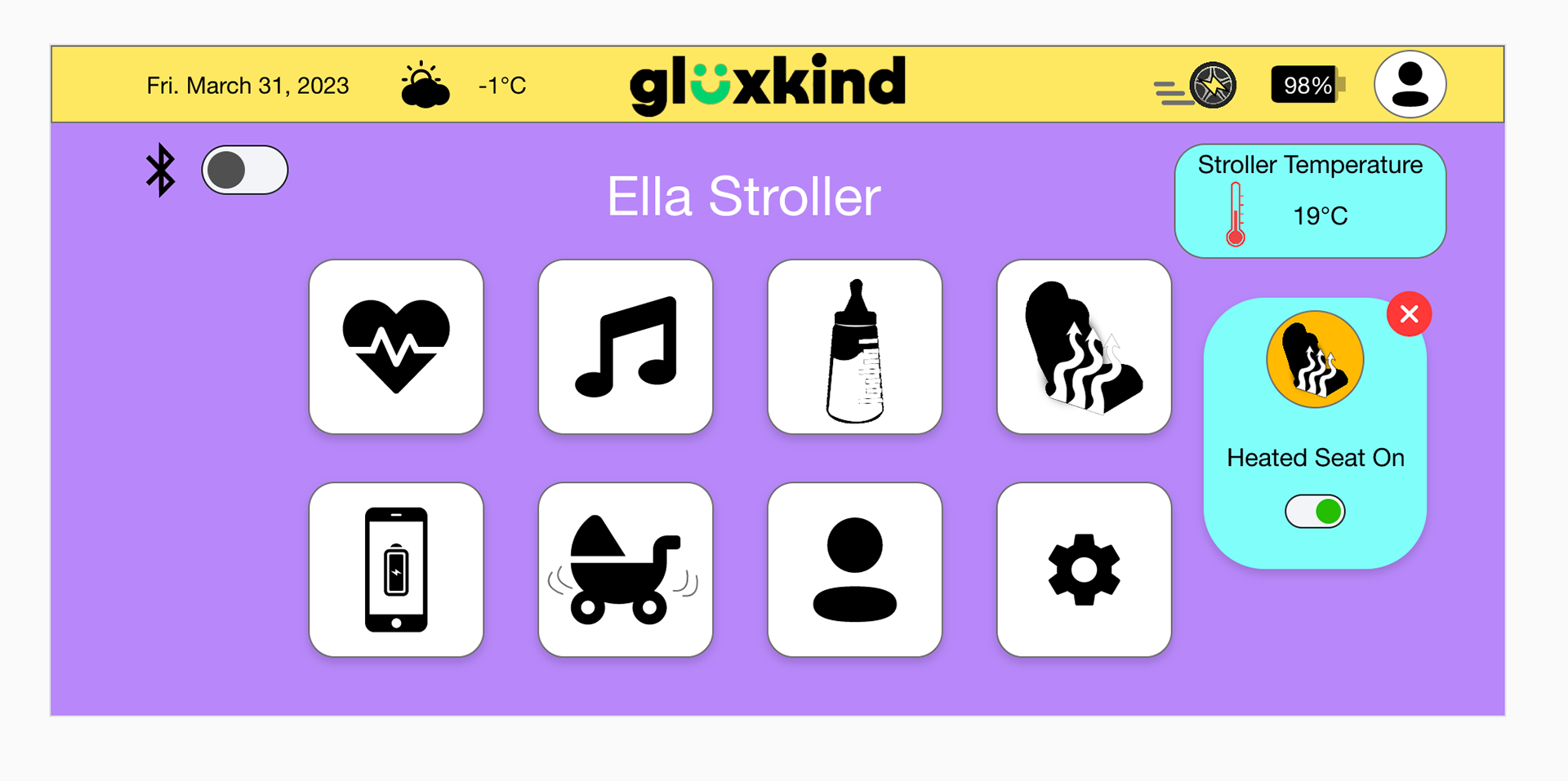 Homepage of the UI Design on a screen that is located on the stroller and can access it on their phone too. It also has features on it where people can select the bluetooth button, music button, baby bottle warmer, a phone with an charging icon in the middle of the phone, the rocking stroller, the profile icon and the settings icon. It also shows the temperature of the stroller. There is a heated seat icon indicating that it is on.