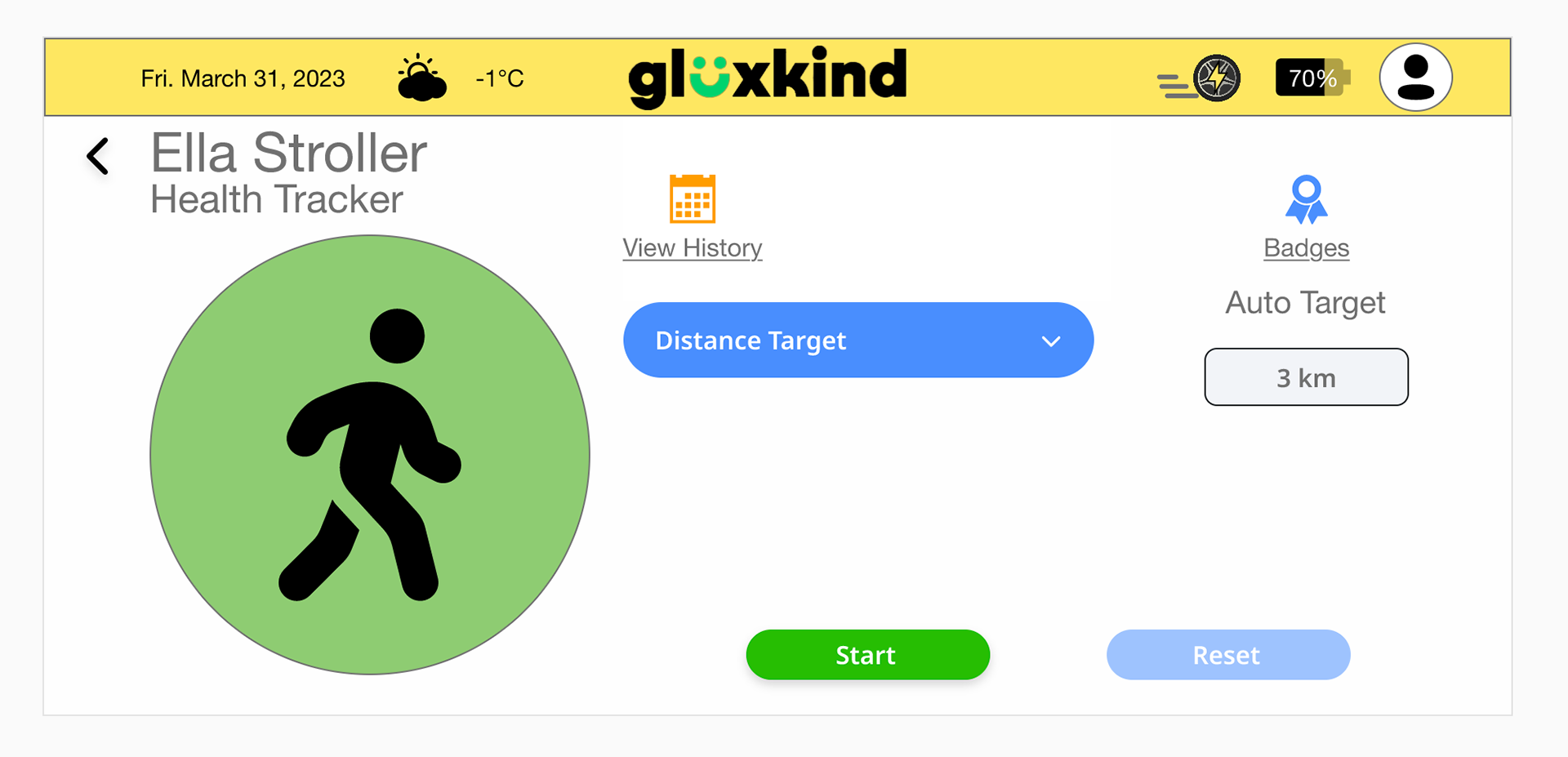 In this image is the health tracker app where there is an icon of a person walking, there is a distance target button, a area to type out how many km to reach the goal, what their health track history is and what badges they earned.