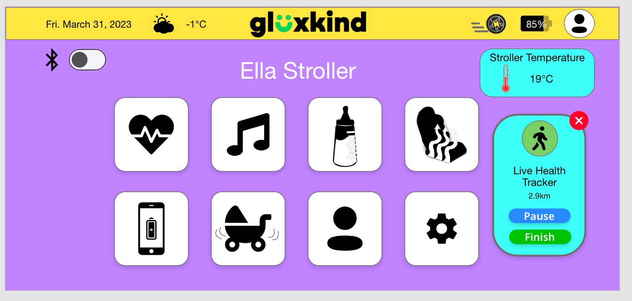 Homepage of the UI Design on a screen that is located on the stroller and can access it on their phone too. It also has features on it where people can select the bluetooth button, music button, baby bottle warmer, a phone with an charging icon in the middle of the phone, the rocking stroller, the profile icon and the settings icon. It also shows the temperature of the stroller. There is a live health tracker icon.
