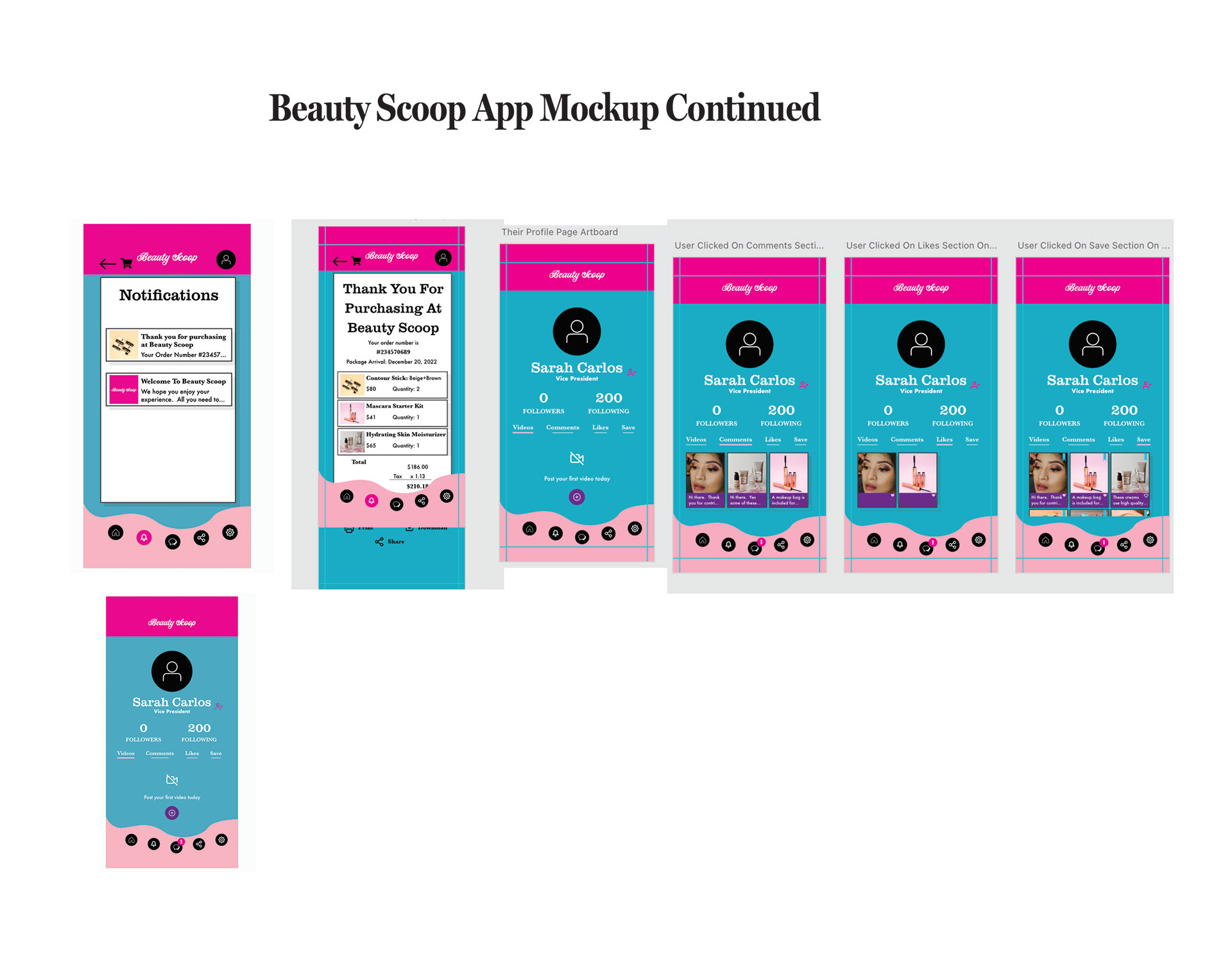 Part 4 of the Beauty Scoop Mockup app shows the notification area where they can see the receipt of what they purchased, what is there order number, what the expected date for the items to be delivered, what is the total amount they payed for, where there is an option for them to print the receipt, to download the receipt and has the option to share the receipt too. The area where people can see their profile where they can can create a video on how to use a product, they can see what comments they wrote on a post, they can see which posts they like and what posts they have saved on the app. On their profile it also shows how many people followed them as well as how many people they follow on the app.