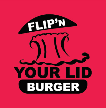 It's a logo of a burger where the top of the burger bread on the logo is being pushed upward from the explosion which both the burger bun and the explosion in the logo is in a knight black colour. The words Flip'N is on the top of the burger bun and the word Burger is on the bottom burger bun both in a smooth white colour. The words Your Lid is in knight black colour underneath the knight black colour of the explosion in the logo. The background of the logo is in a retro red colour.
