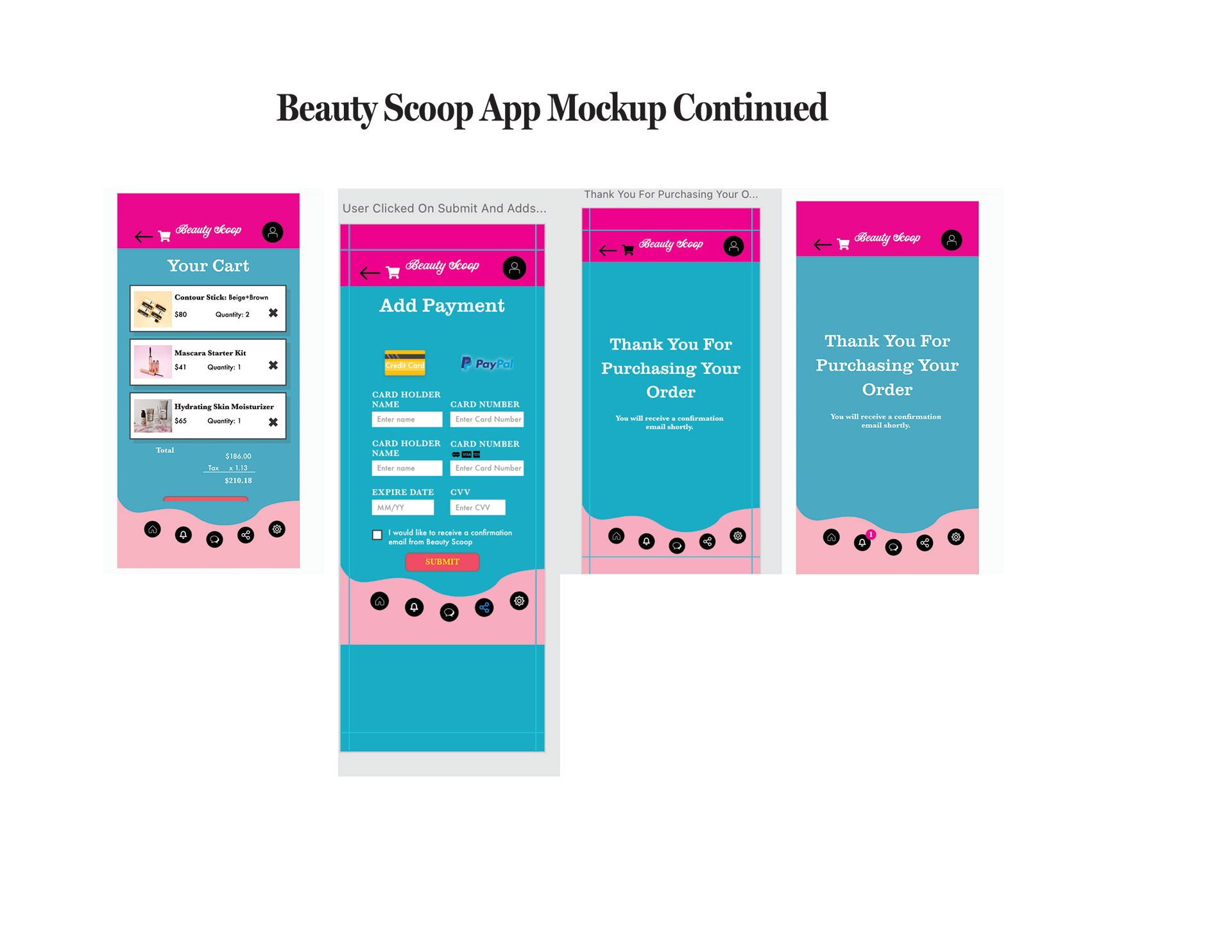 Part 3 of Beauty Scoop App Mockup it shows the cart it will take them to the cart page where it will show all the products in your cart, the taxes and the total amount. There is an area where users can add their payment information in and there is a submit button. There is a loading screen that confirms that they purchased there items in the cart where they will also get a notification about it.