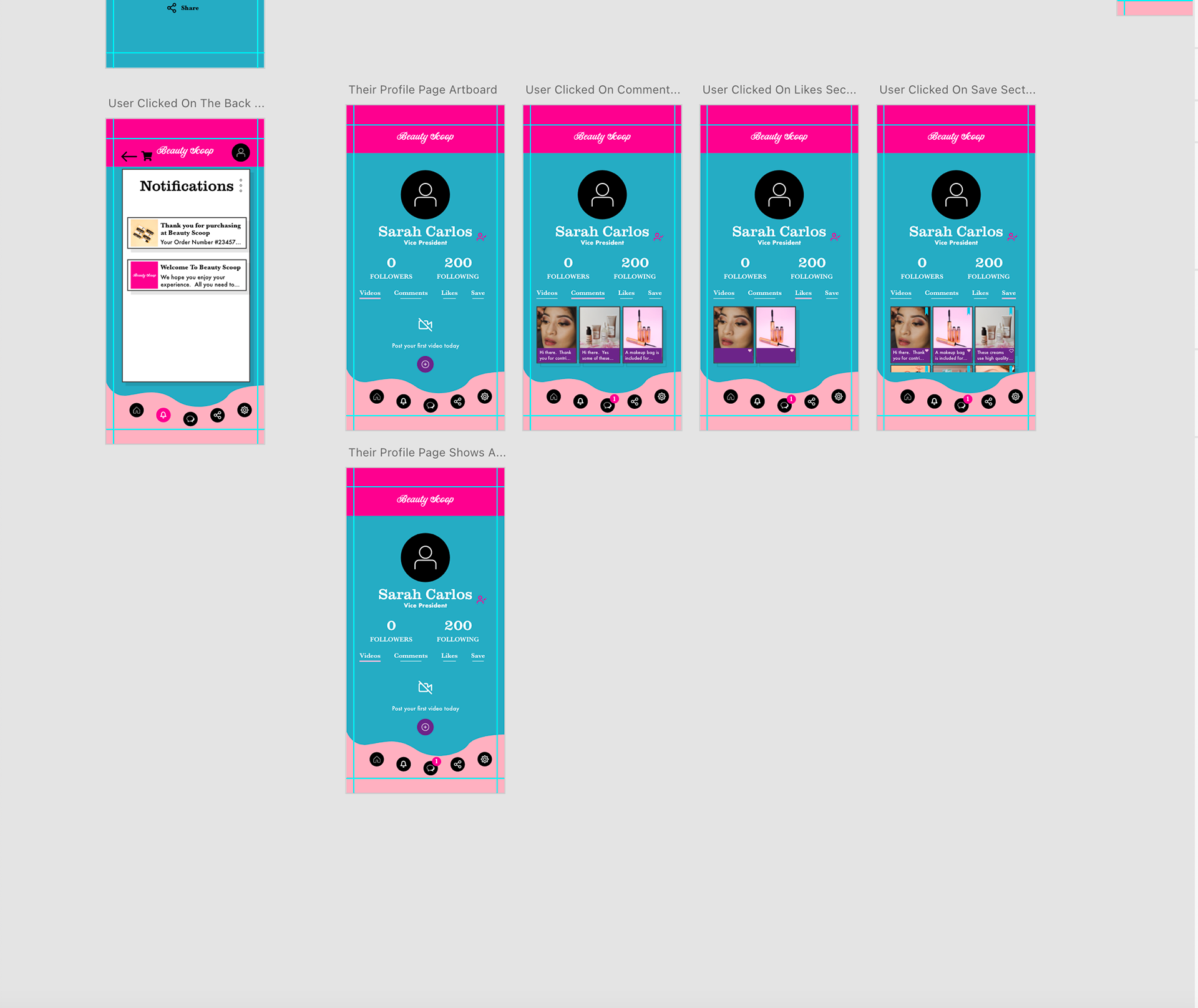 Part 3 layout of Beauty Scoop App Mockup it shows the area where people can see their profile where they can can create a video on how to use a product, they can see what comments they wrote on a post, they can see which posts they like and what posts they have saved on the app. On their profile it also shows how many people followed them as well as how many people they follow on the app.