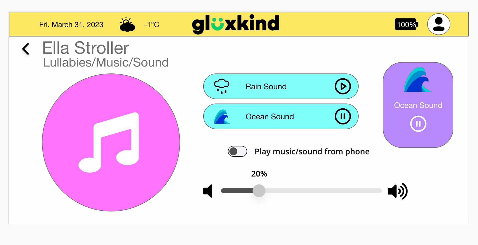 In this image is the Lullabies/Music/Sound app where there is an icon of a music note, there is an icon of a rain cloud, there is an icon of the waves of the ocean, icon of squiggly lines that represents white noise, icon of the barn, icon of stars and icon of a bus. There is an icon of the ocean waves of the sound being played.