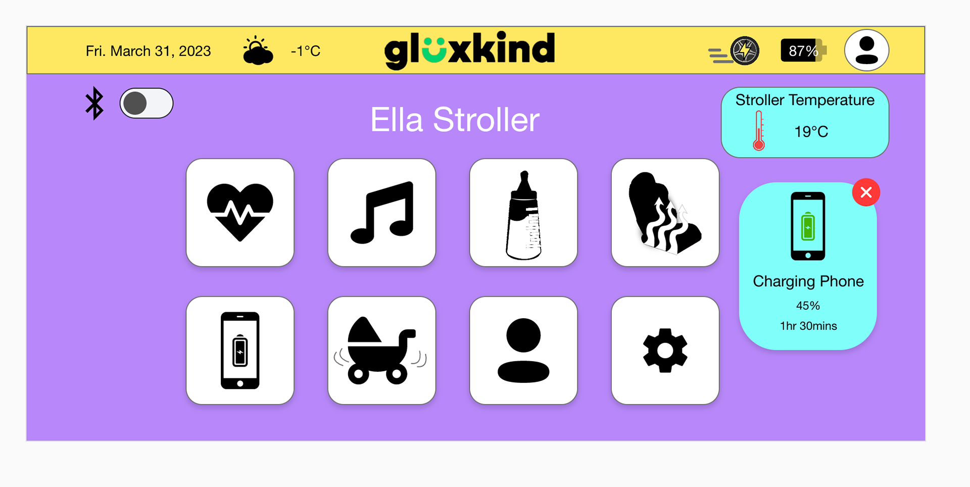 Homepage of the UI Design on a screen that is located on the stroller and can access it on their phone too. It also has features on it where people can select the bluetooth button, music button, baby bottle warmer, a phone with an charging icon in the middle of the phone, the rocking stroller, the profile icon and the settings icon. It also shows the temperature of the stroller. There is a phone charging icon meaning that it is on.