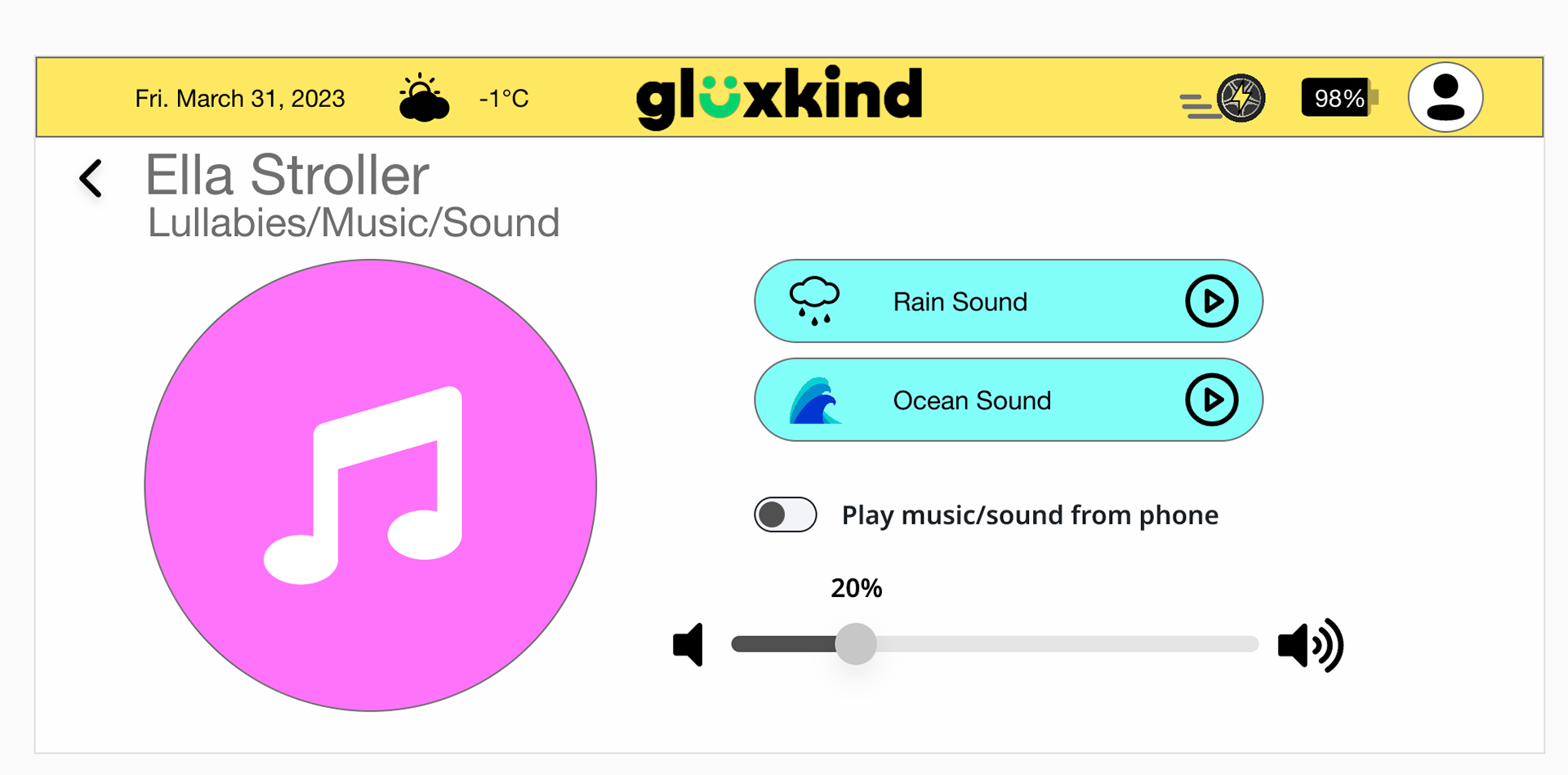 In this image is the Lullabies/Music/Sound app where there is an icon of a music note, there is an icon of a rain cloud, there is an icon of the waves of the ocean, icon of squiggly lines that represents white noise, icon of the barn, icon of stars and icon of a bus.