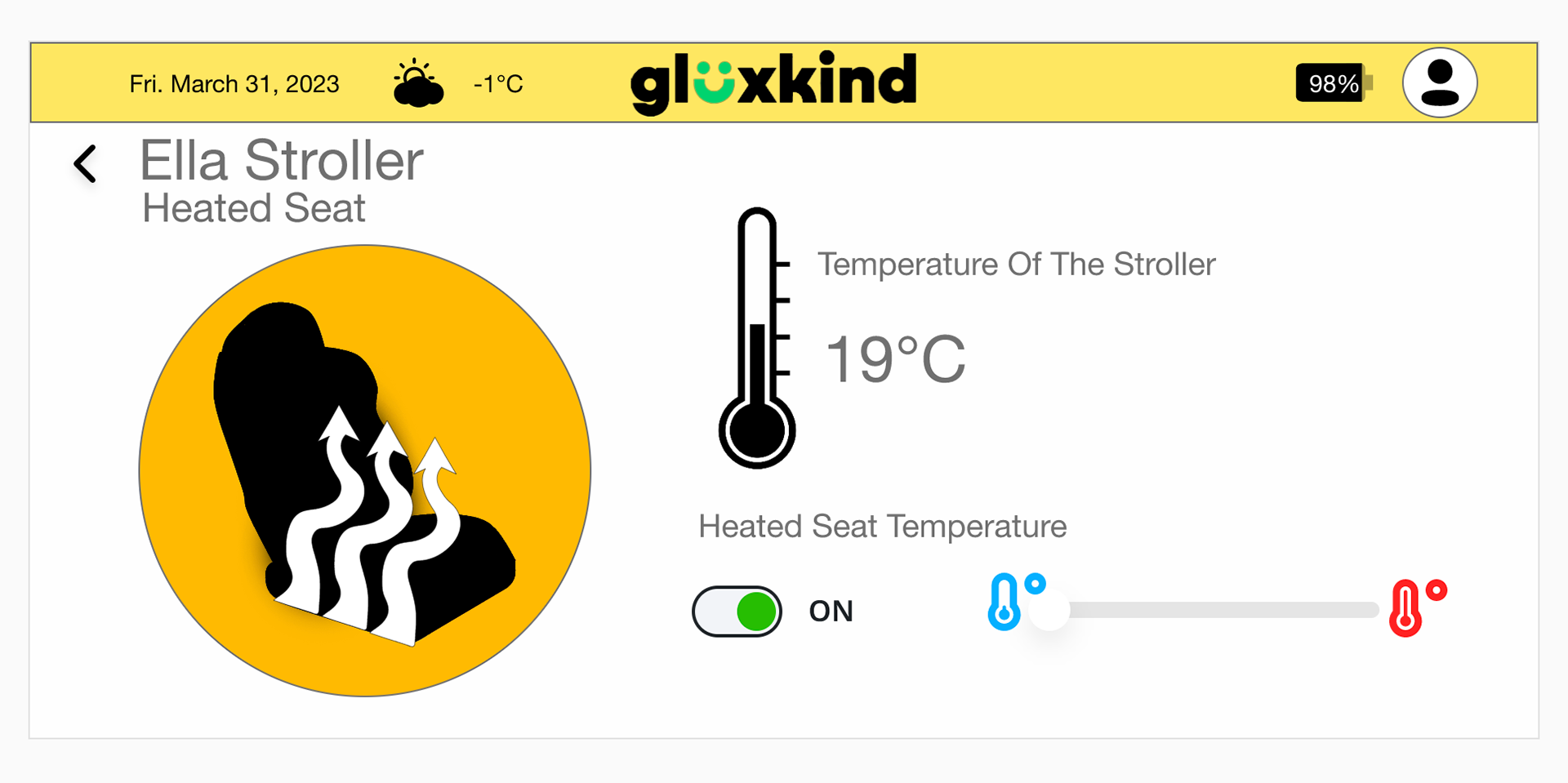 In this image is the Heated Seat area where there is a heated seat icon, there is an icon of the thermometer and there is a button that is switched on where there is an area to adjust the temperature of the stroller.