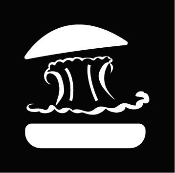 It's an icon of a burger where the top of the burger bread on the logo is being pushed upward from the explosion which both the burger bun and the explosion in the logo is in a smooth white colour. The background colour is in a knight black colour.