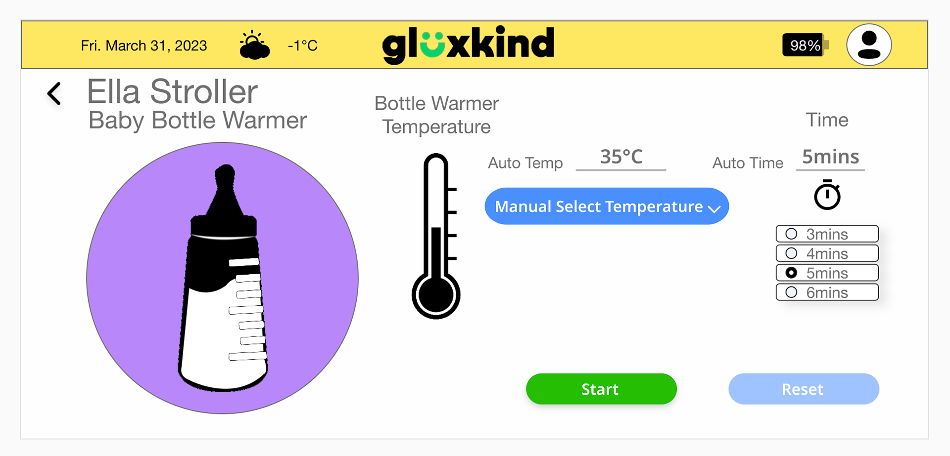 In this image is the Baby Bottle Warmer area where there is an icon of the baby bottle, there is an icon of the thermometer, there is a manual select temperature button, there is an area to add a timer, there is also a start button and a reset button.