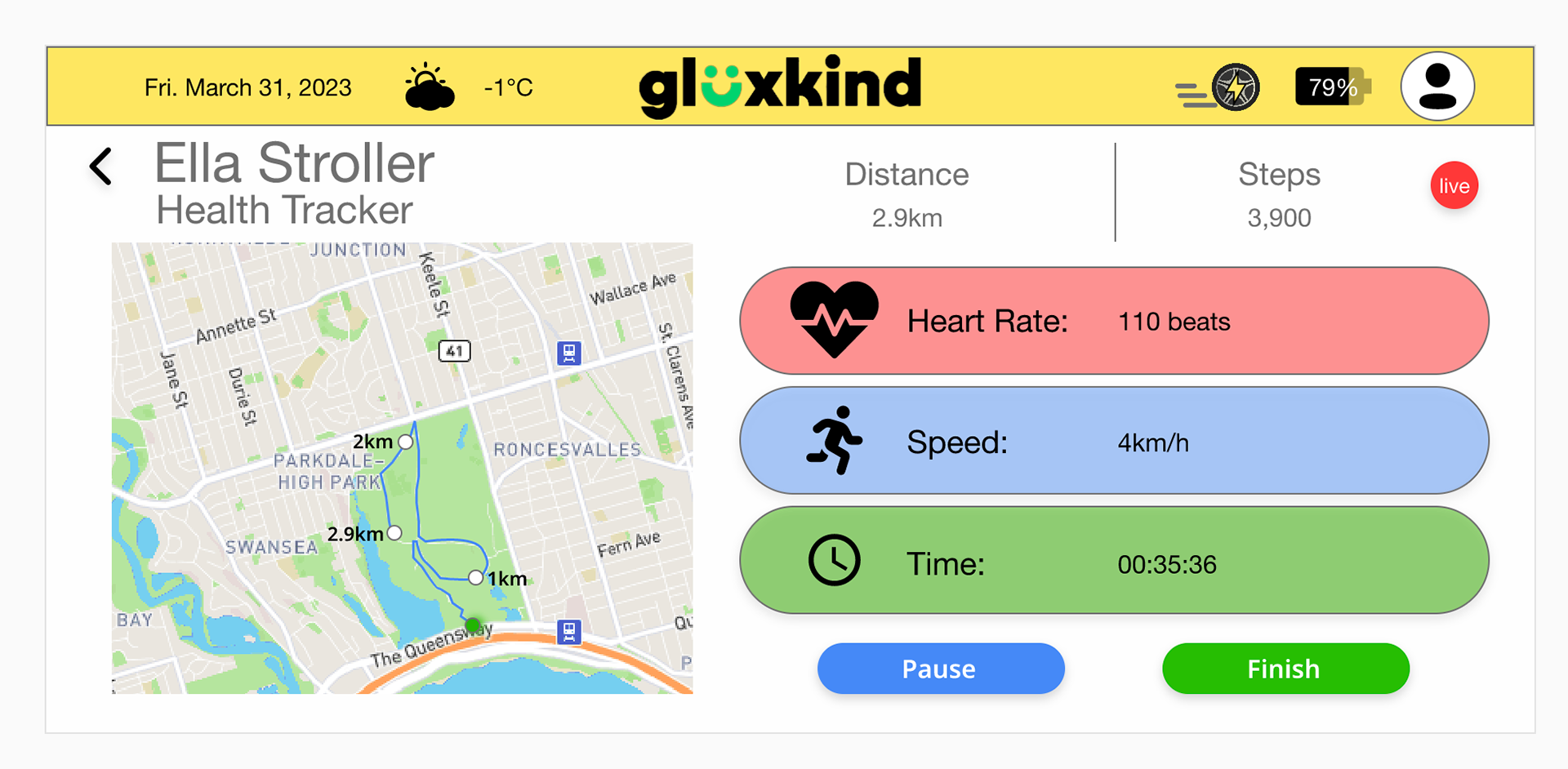 In this image is the health tracker app where it shows the live distance, how many steps the person did, what their heart rate is, what their speed is what is the time of going on a walk using the health tracker. There is also a map that shows the progress of there long walks.