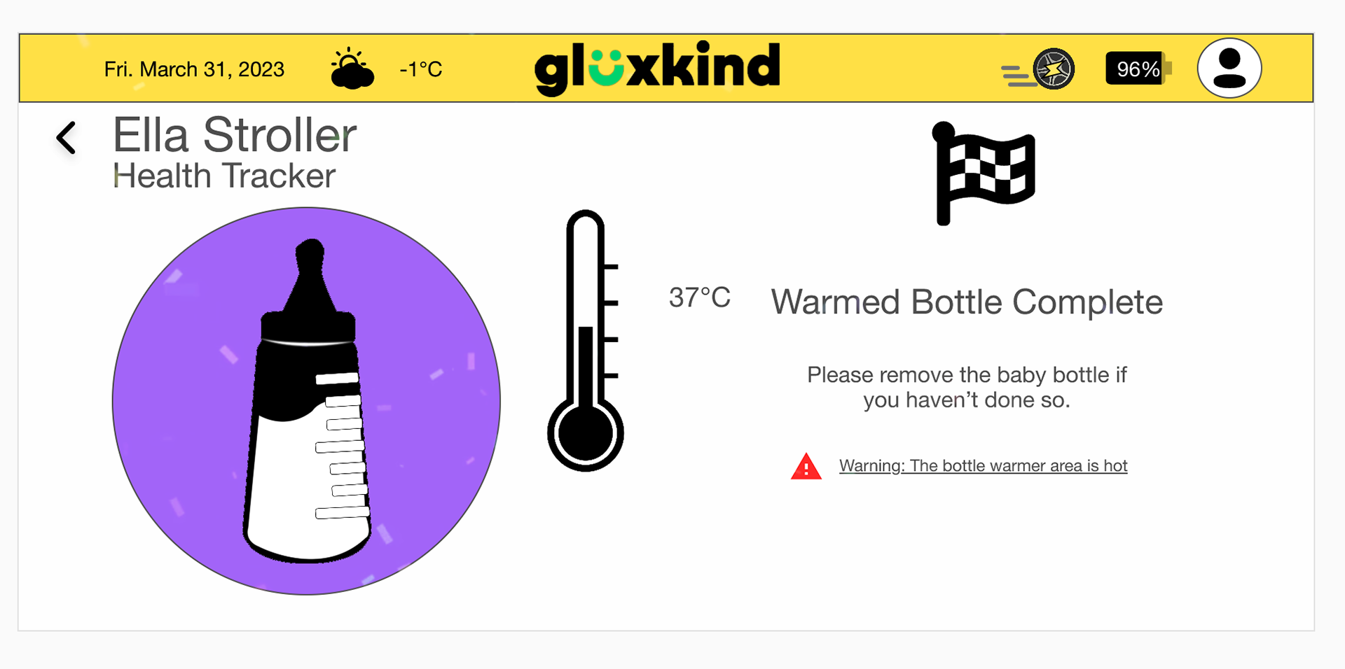 In this image is the Baby Bottle Warmer area where there is an icon of the baby bottle, there is an icon of the thermometer, there is a manual select temperature button, there is an area to add a timer, there is also a start button and a reset button. There is a checkered flag indicating that the warmed bottle is complete and it has something that says to please remove the baby bottle from the baby bottle warmer.