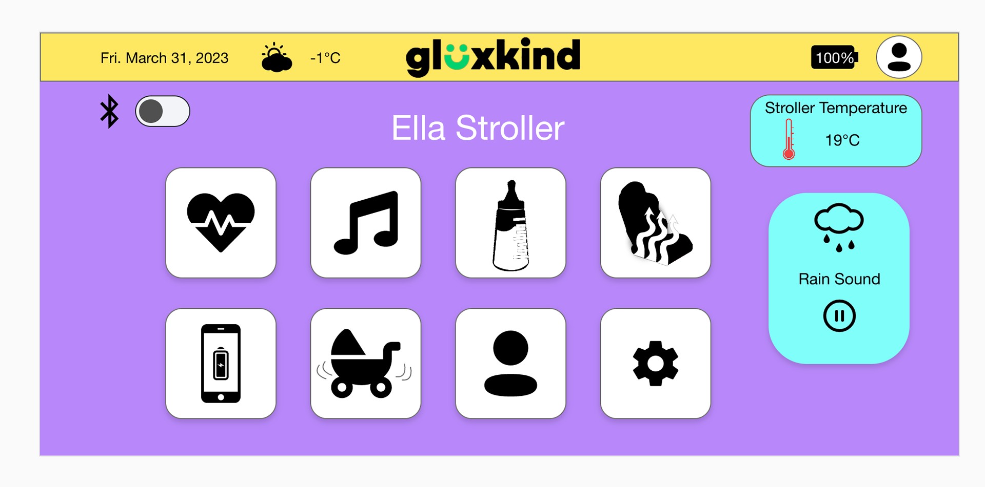 Homepage of the UI Design on a screen that is located on the stroller and can access it on their phone too. It also has features on it where people can select the bluetooth button, music button, baby bottle warmer, a phone with an charging icon in the middle of the phone, the rocking stroller, the profile icon and the settings icon. It shows the stroller temperature and the rain icon of the sound being played.
