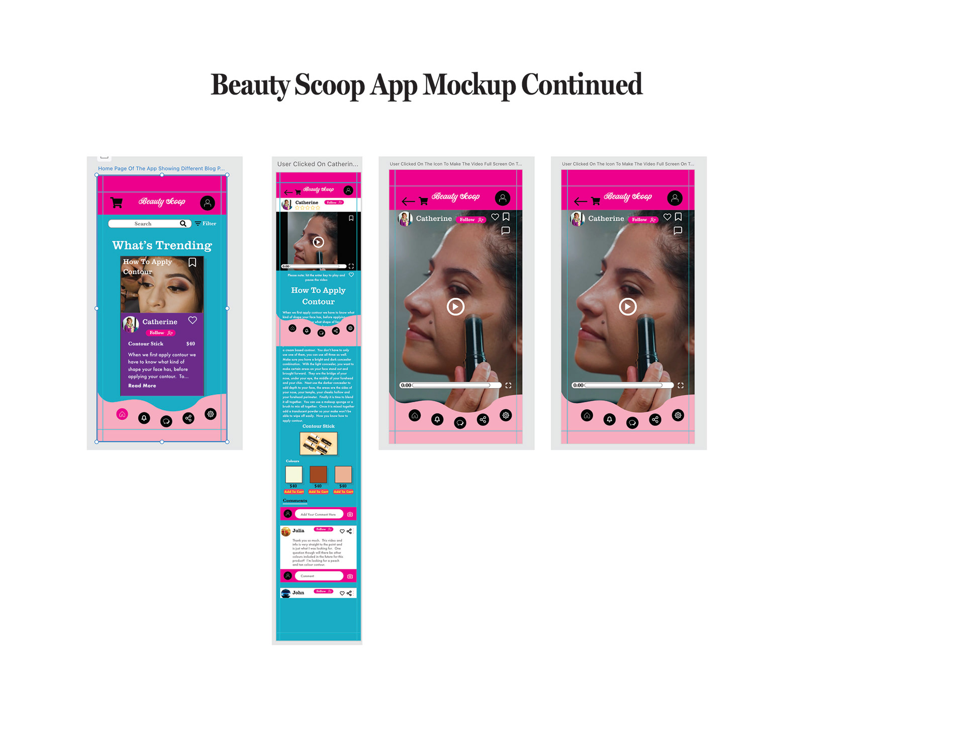 Part 2 of Beauty Scoop App Mockup it shows the homepage where it showcases some of the products that also have how to videos on how to use the product. When clicking on the first product on the homepage it will take you to the page where it has all the info about the product, what colours can you get for the product, a how to video on how to use the product, they can put a like on the product, can rate the product with the stars and can bookmark it too. They can also leave a comment and can put the video on full screen too or on small screen.
