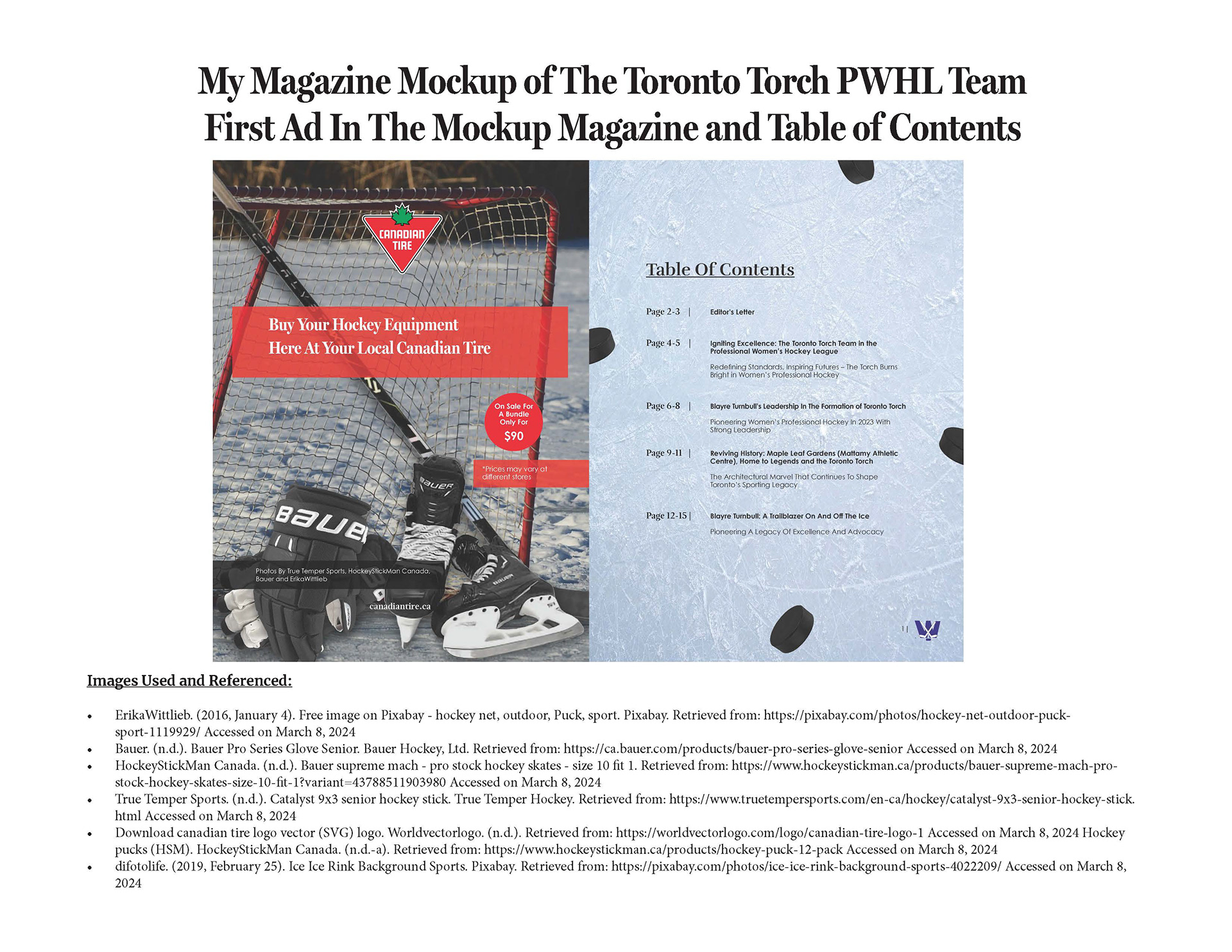 This slide of the presentation showcases then advertisement of the magazine for Canadian Tire of hockey equipment and on the right side is the Table of Contents for the magazine that has a background that is ice rink as well as hockey pucks in the background too.