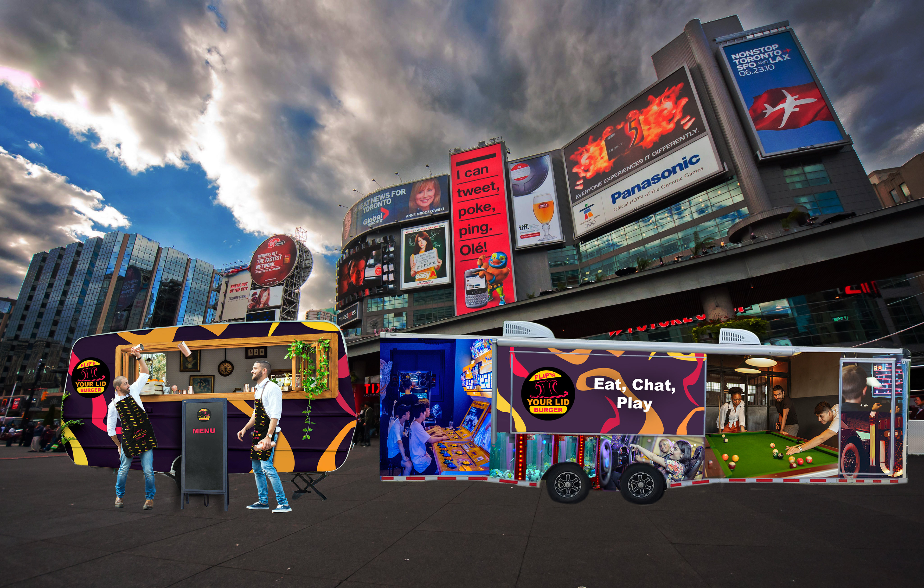 This slide on the presentation has an image on the right showcasing where the experiential campaign will be located and how it will look like where there will be a food truck with the logo on it. The employees will wear the attire that the company provided them while they server freshly made meals and there is a game trailer next to the food truck which this experiential campaign will be located at Dundas Square.
