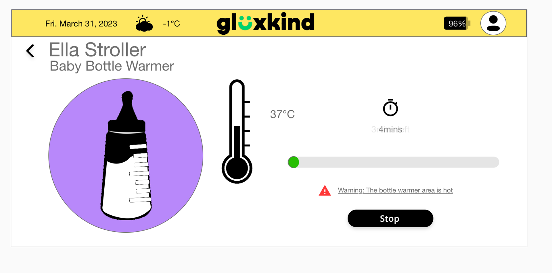 In this image is the Baby Bottle Warmer area where there is an icon of the baby bottle, there is an icon of the thermometer, there is a manual select temperature button, there is an area to add a timer, there is also a start button and a reset button. They have a progress bar to show the progress of the baby bottle being warmed up and it has the timer that tells you how much time it has left for it to be warmed up.