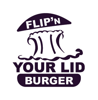 It's a logo of a burger where the top of the burger bread on the logo is being pushed upward from the explosion which both the burger bun and the explosion in the logo is in a vintage purple colour. The words Flip'N is on the top of the burger bun and the word Burger is on the bottom burger bun both in a smooth white colour. The words Your Lid is in vintage purple colour underneath the vintage purple colour of the explosion in the logo. The background of the logo is in a smooth white colour.