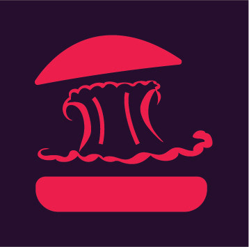 It's an icon of a burger where the top of the burger bread on the logo is being pushed upward from the explosion which both the burger bun and the explosion in the logo is in a retro red colour. The background colour is in a vintage purple colour.