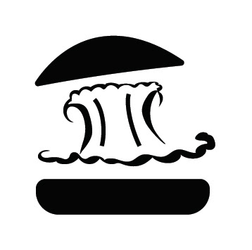It's an icon of a burger where the top of the burger bread on the logo is being pushed upward from the explosion which both the burger bun and the explosion in the logo is in a knight black colour. The background colour is in a smooth white colour.