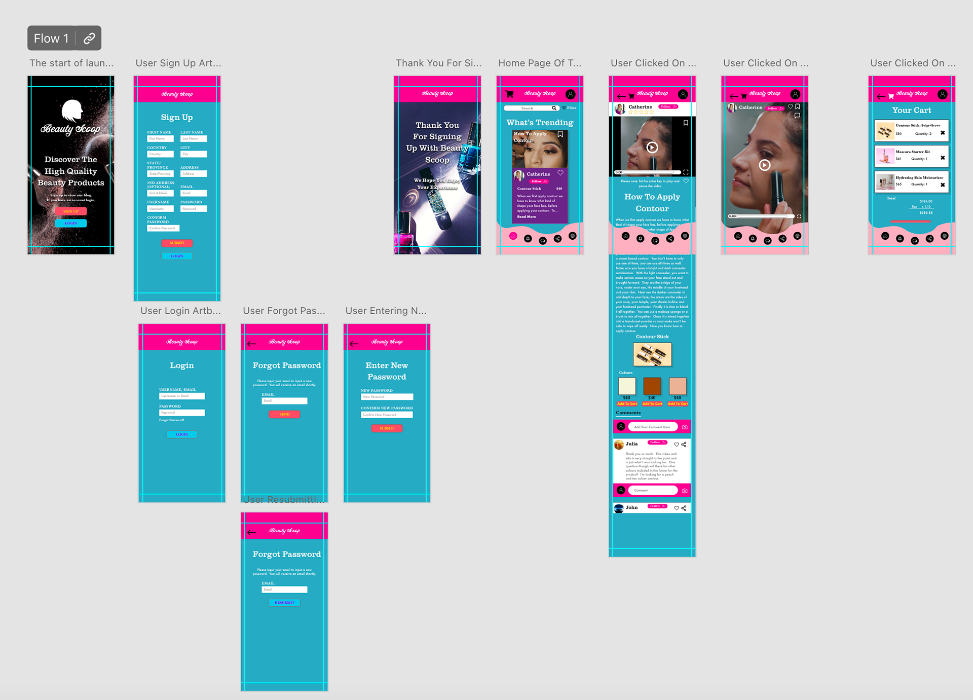 Part 1 layout of Beauty Scoop App Mockup it shows the starting screen where it has makeup brushes in the background, the logo and the heading saying Discover High Quality Beauty Products, it has something that says sign up or login, there is a sign up page where new users using the app can input all there information to set up there account, there is a login area where people can login to there account and if they forgot their password they will have an area to input their email so they can change their password. There is also a loading screen where it's nail polish in the background. It will take you to the homepage where it showcases some of the products that also have how to videos on how to use the product. When clicking on the first product on the homepage it will take you to the page where it has all the info about the product, what colours can you get for the product, a how to video on how to use the product, they can put a like on the product, can rate the product with the stars and can bookmark it too. They can also leave a comment and can put the video on full screen too or on small screen. When they add a product to the cart it will take them to the cart page where it will show all the products in your cart, the taxes and the total amount.