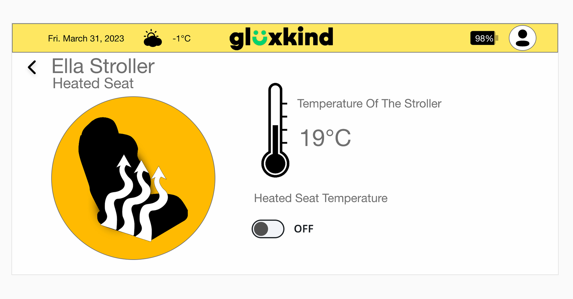 In this image is the Heated Seat area where there is a heated seat icon, there is an icon of the thermometer and there is a button that switches on the heated seat.
