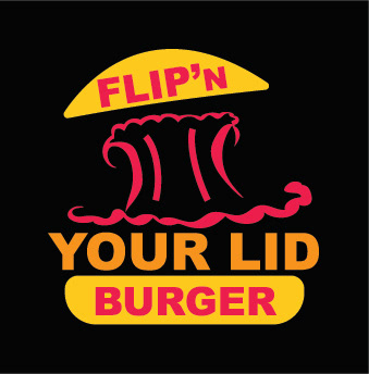 It's a logo of a burger where the top of the burger bread on the logo is being pushed upward from the explosion which is in a retro red colour.  The burger bun is in a warm yellow colour, the words Flip'N is on the top of the burger bun and the word Burger is on the bottom burger bun both in a retro red colour.  The words Your Lid is in a cheesy orange colour underneath the retro red colour of the explosion in the logo.