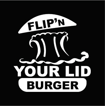 It's a logo of a burger where the top of the burger bread on the logo is being pushed upward from the explosion which both the burger bun and the explosion in the logo is in a smooth white colour. The words Flip'N is on the top of the burger bun and the word Burger is on the bottom burger bun both in a knight black colour. The words Your Lid is in smooth white colour underneath the smooth white colour of the explosion in the logo. The background of the logo is in a knight black colour.