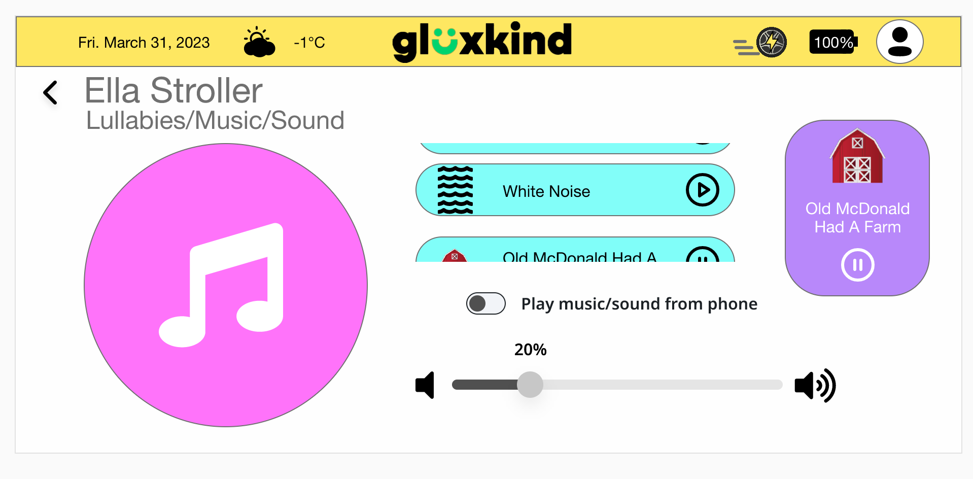 In this image is the Lullabies/Music/Sound app where there is an icon of a music note, there is an icon of a rain cloud, there is an icon of the waves of the ocean, icon of squiggly lines that represents white noise, icon of the barn, icon of stars and icon of a bus. There is an icon of a barn of the sound being played.
