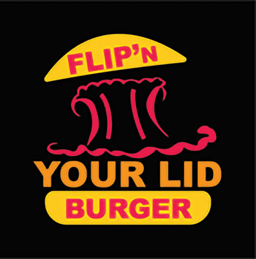 It's a logo of a burger where the top of the burger bread on the logo is being pushed upward from the explosion which is in a retro red colour.  The burger bun is in a warm yellow,the words Flip'N is on the top of the burger bun and the word Burger is on the bottom burger bun both in a retro red colour.  The words Your Lid is in a cheesy orange colour underneath thre retro red colour of the explosion in the logo.