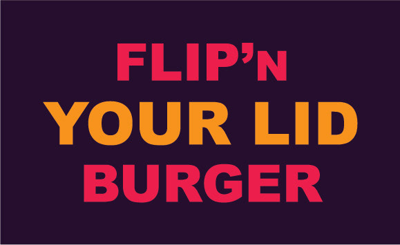 It’s a wordmark where the words Flip’N and Burger are in a retro red colour. The word Your Lid is in a cheesy orange colour and the background colour of the wordmark is in a vintage purple colour.