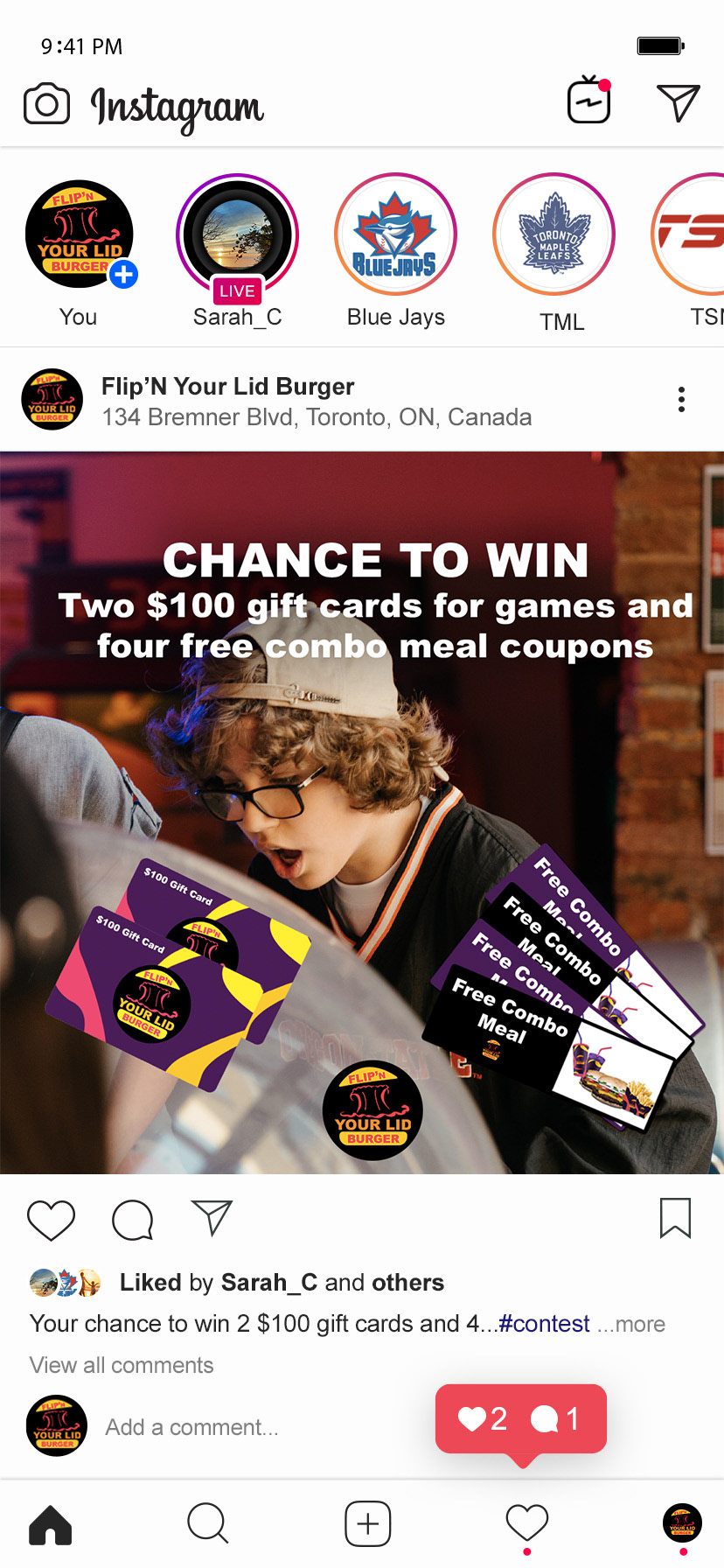 This slide on the presentation has an image of what the social media advertisement for the brand where in the image it's an advertisement of a contest where someone can win two $100 gift cards for games and four free combo meal coupons. It shows the two $100 gift cards on the left side of the advertisement and four combo meal coupons on the right side of the advertisement where it shows the freshly made meals in the company's packaging in the coupons. The background on the image is showcasing a youth having fun when playing a game with friends at the restaurant and the Flip'N Your Lid Burger logo is located at the bottom of the advertisement. On the post under the Flip'N Your Lid Burger profile on the post is the location of the restaurant.