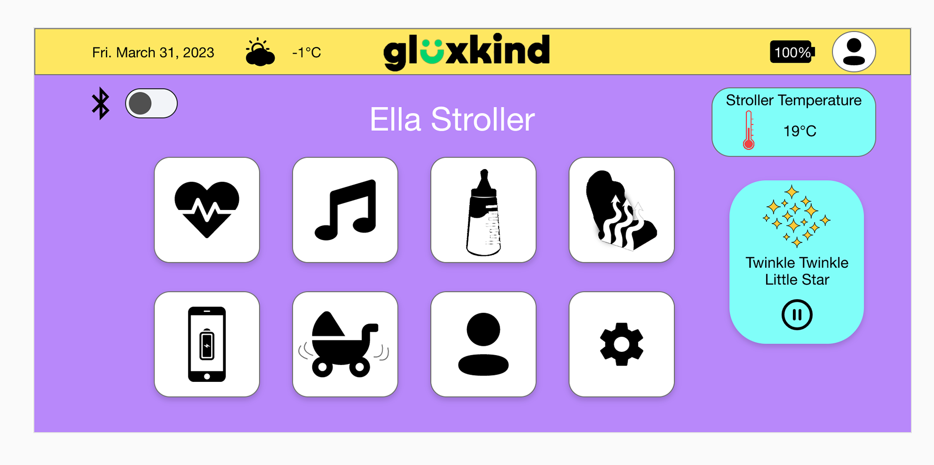 Homepage of the UI Design on a screen that is located on the stroller and can access it on their phone too. It also has features on it where people can select the bluetooth button, music button, baby bottle warmer, a phone with an charging icon in the middle of the phone, the rocking stroller, the profile icon and the settings icon. It also shows the temperature of the stroller. There is a little star icon meaning the sound is being played.