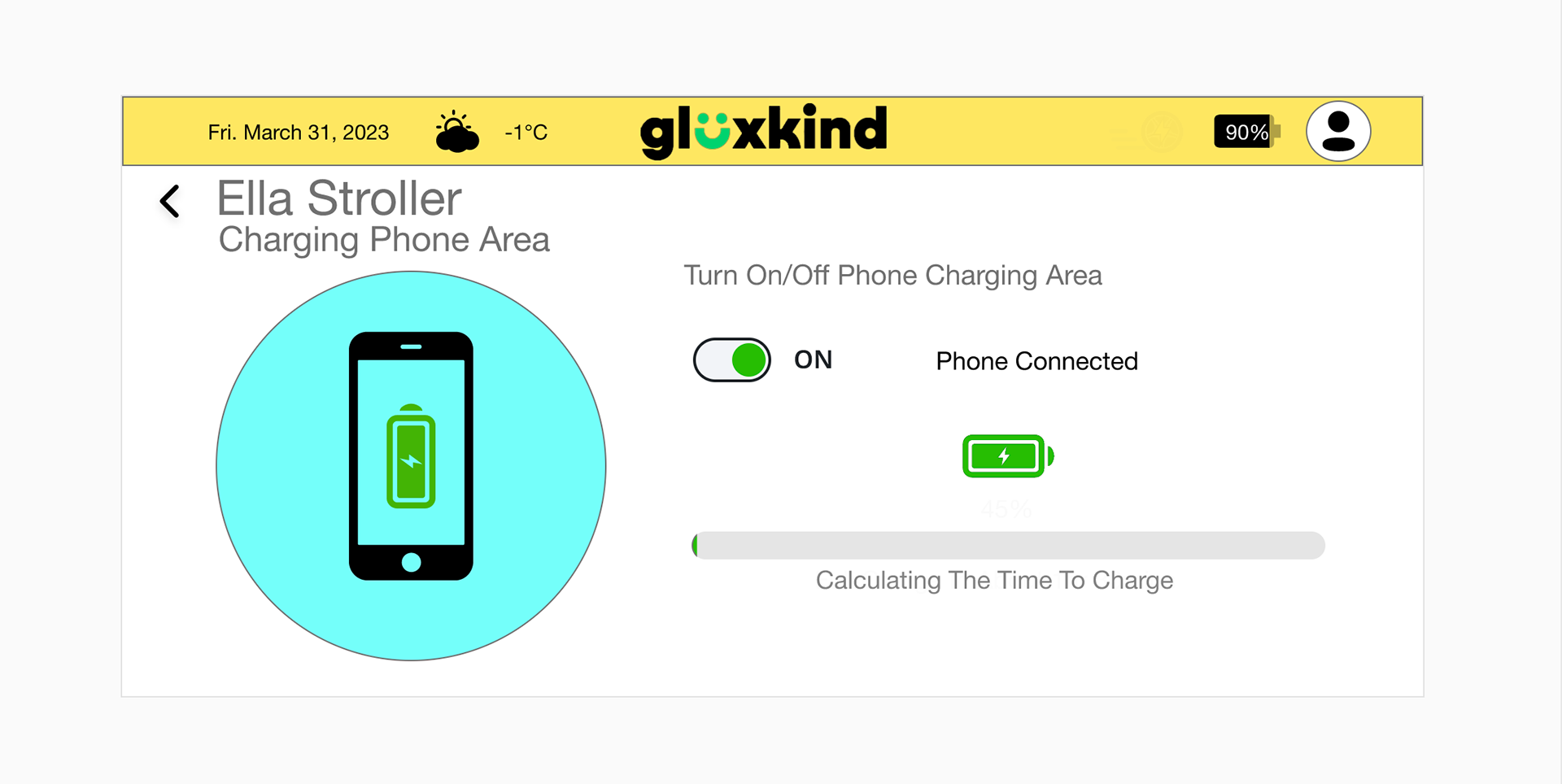 In this image is the Charing Phone area where there is an icon of a phone that has a charging icon in the middle of the phone icon and there is a button that is switched on to represent the chargin area is now charging your phone. It also has a progress bar to calculate the time to charge the phone and how much battery it has.