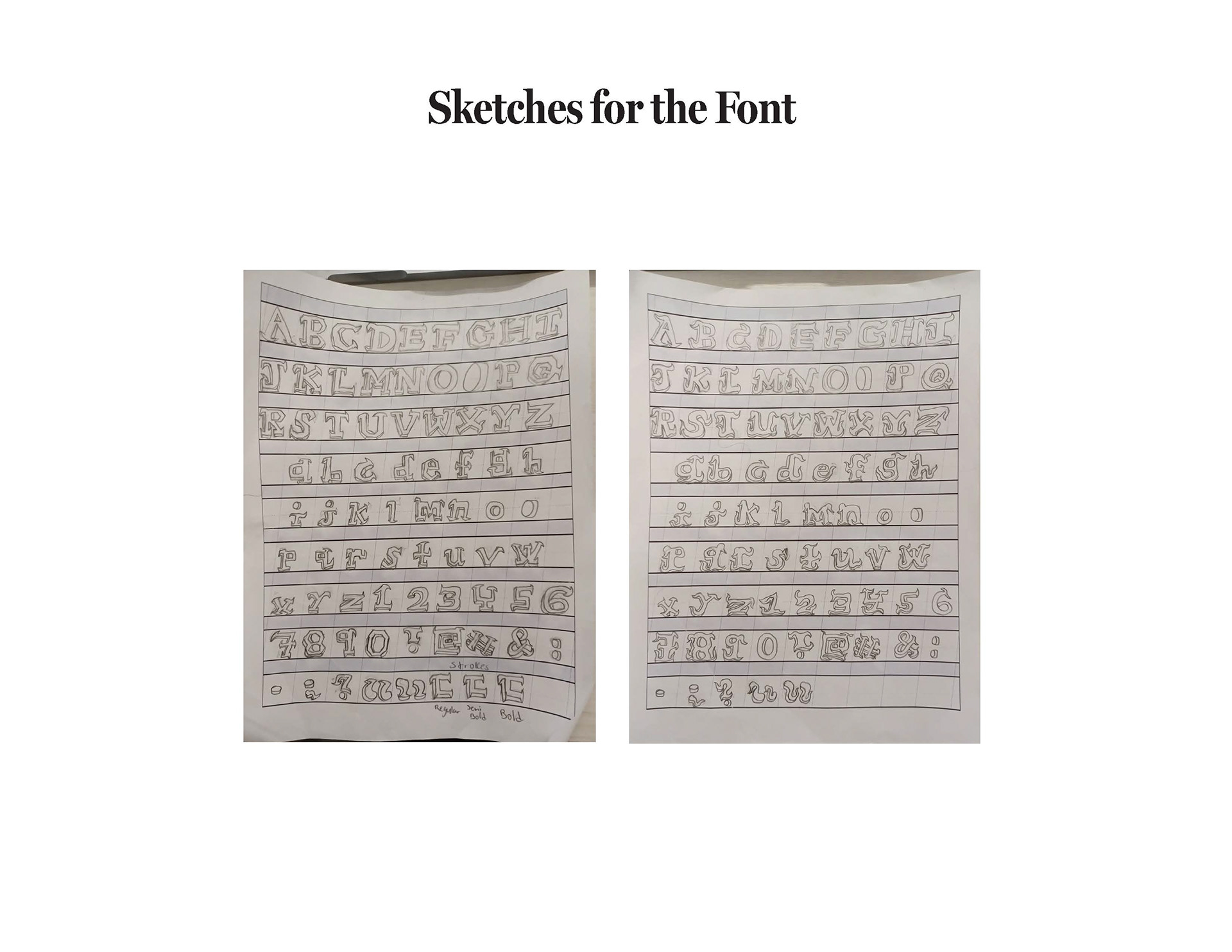 Two images of the fonts I created where one is a bit cursive in like a medieval type of font and the other sketch is where the font is very sharp and has smooth edges.