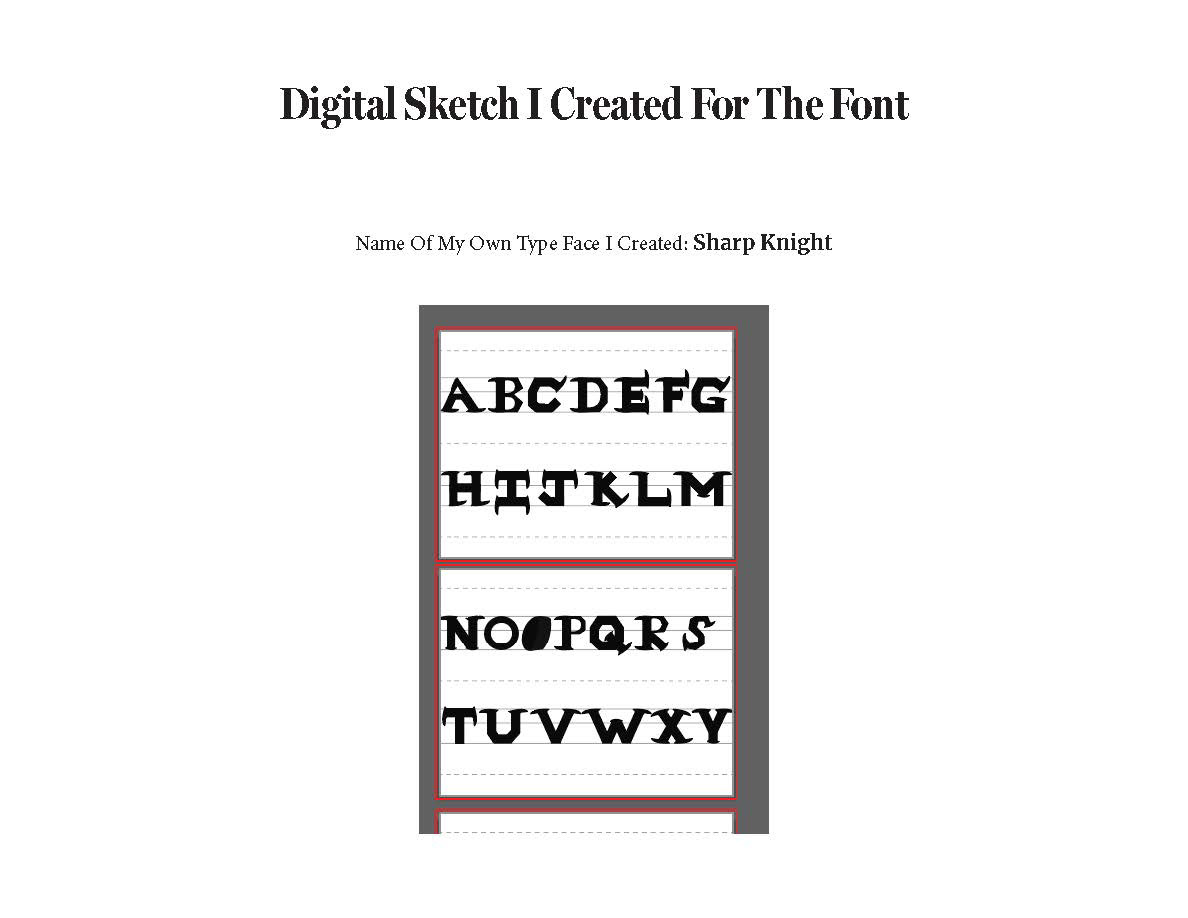 I created the digital sketch of the sharp and smooth edges the font I drew on a sketch for my final design. My own type face I created is called Sharp Knight.