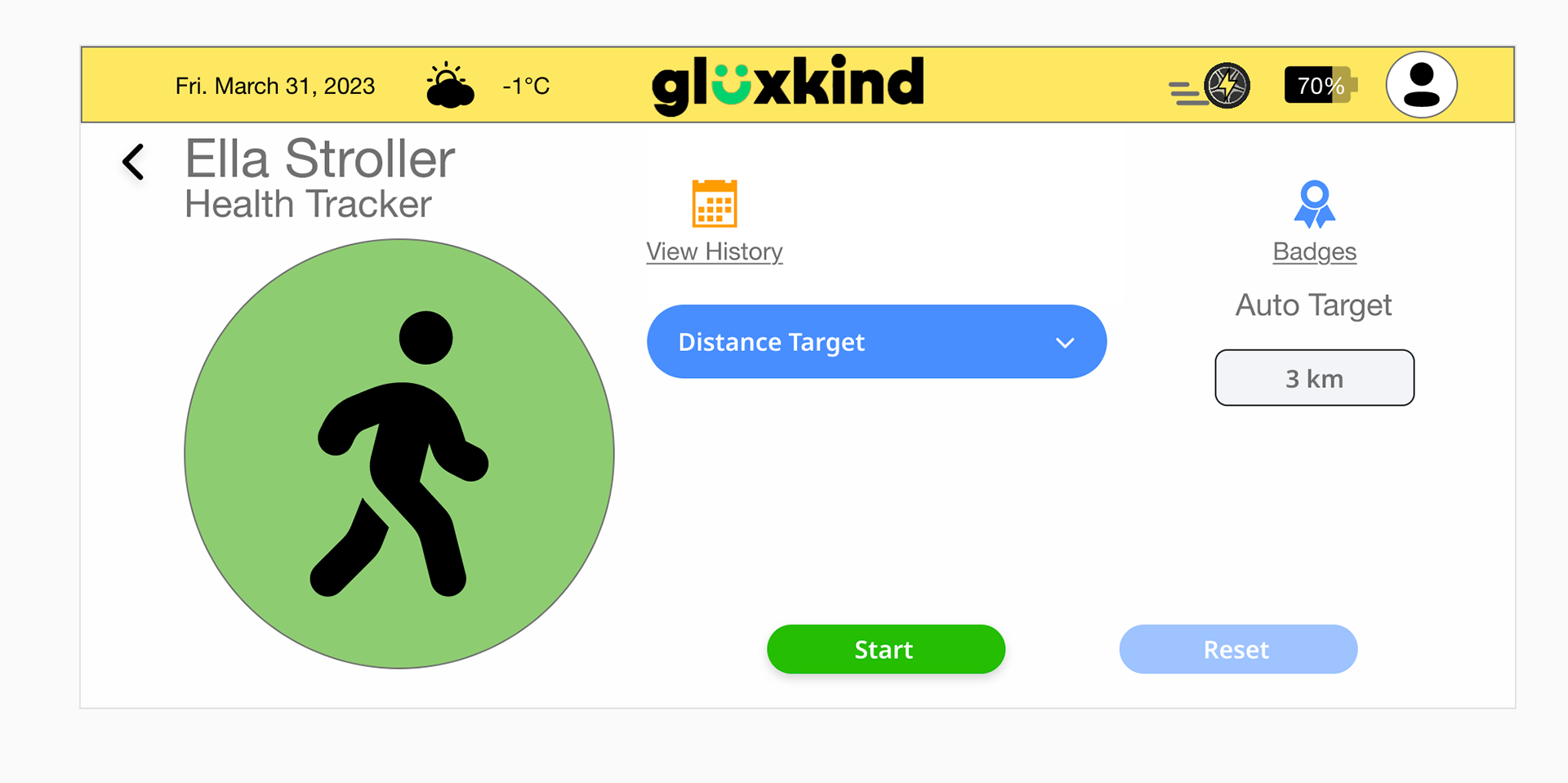 In this image is the health tracker app where there is an icon of a person walking, there is a distance target button, a area to type out how many km to reach the goal, what their health track history is and what badges they earned.
