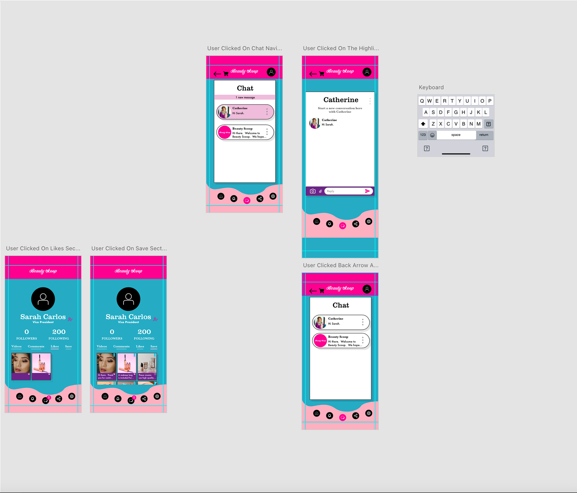 Part 4 layout of Beauty Scoop App Mockup it shows the area of where people can also get messages from other people where they can click on the message and send a message back as well.  They also have the option to delete the contact, add contact, block the person or report the person too on the app.  There is also a mobile keyboard in the image that showcases what it's like when the user will type something in the chat.