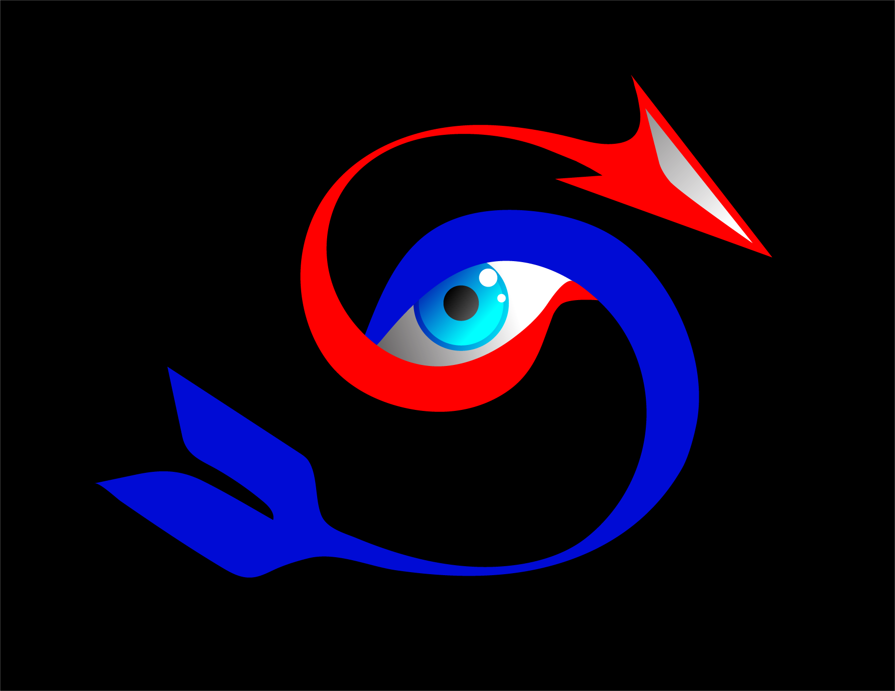 An arrow in a shape of a letter S. The top half of the arrow is in a red colour and the bottom half of the arrow is in a blue colour.  There is an eye in the middle of the logo where it's eye is open and the iris of the eye is in a light blue colour.