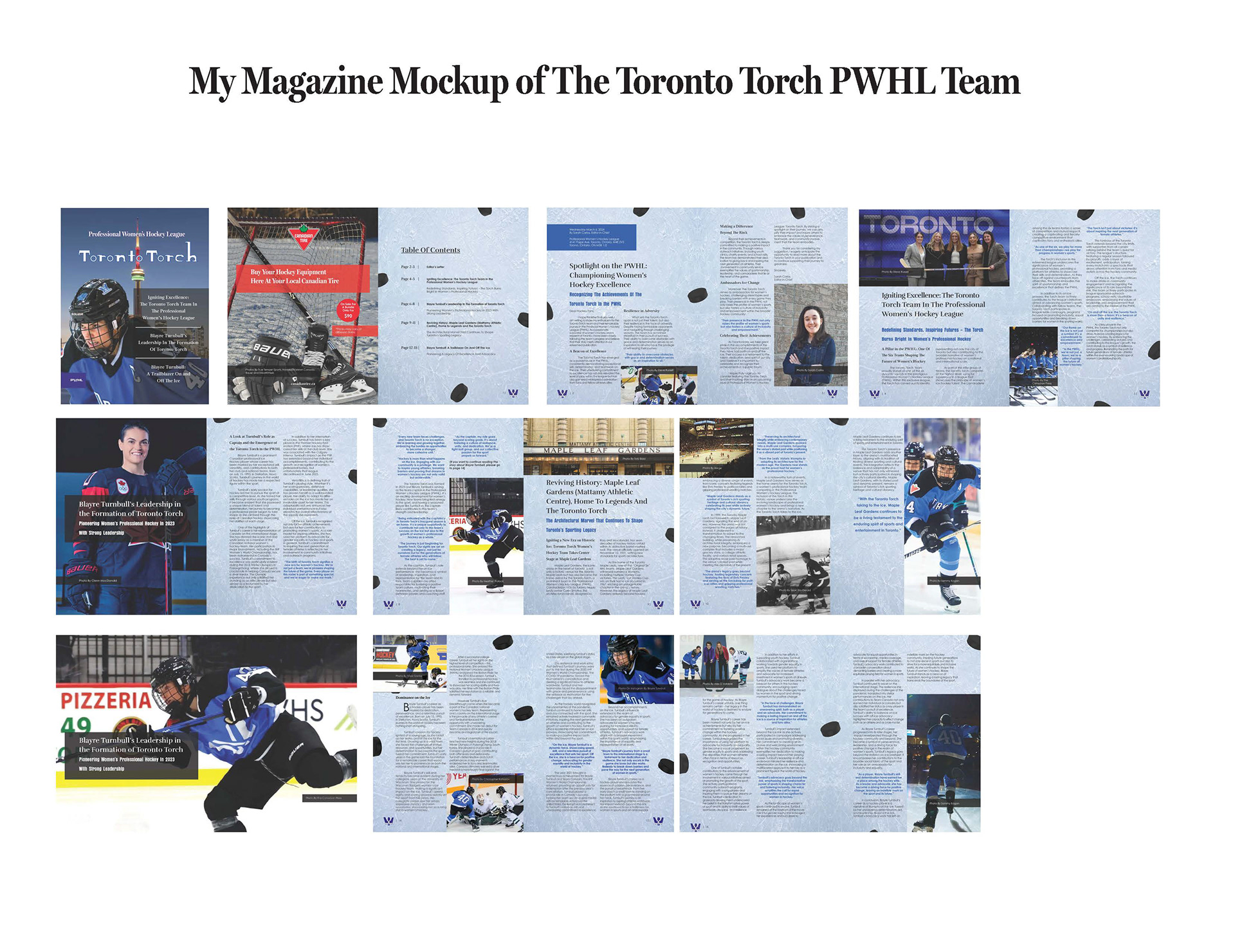 This slide of the presentation showcases my magazine mockup of the floor plan of Toronto Torch PWHL team magazine I created.