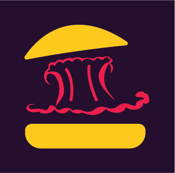 It's an icon of a burger where the top of the burger bread on the logo is being pushed upward from the explosion which is in a retro red colour.  The burger bun is in a warm yellow colour. The background colour is in a vintage purple colour.