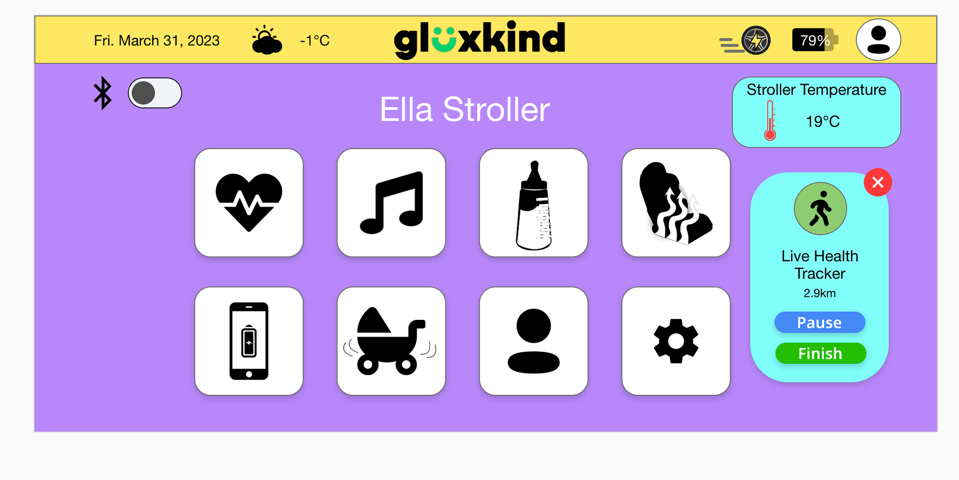 Homepage of the UI Design on a screen that is located on the stroller and can access it on their phone too. It also has features on it where people can select the bluetooth button, music button, baby bottle warmer, a phone with an charging icon in the middle of the phone, the rocking stroller, the profile icon and the settings icon. It also shows the temperature of the stroller. There is a live health tracker icon.