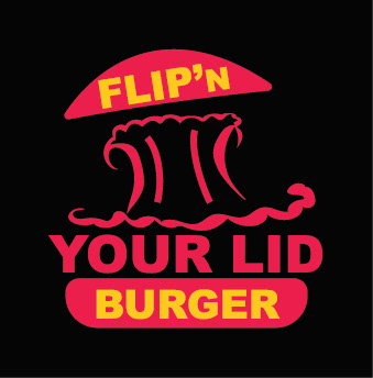 It's a logo of a burger where the top of the burger bread on the logo is being pushed upward from the explosion which both the burger bun and the explosion in the logo is in a retro red colour. The words Flip'N is on the top of the burger bun and the word Burger is on the bottom burger bun both in a warm yellow colour. The words Your Lid is in retro red colour underneath the retro red colour of the explosion in the logo. The background of the logo is in a knight black colour.