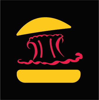 It's an icon of a burger where the top of the burger bread on the logo is being pushed upward from the explosion which is in a retro red colour. The burger bun is in a warm yellow colour. The background colour is in a knight black colour.