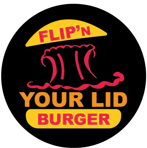 It's a logo of a burger where the top of the burger bread on the logo is being pushed upward from the explosion which is in a retro red colour. The burger bun is in a warm yellow colour, the words Flip'N is on the top of the burger bun and the word Burger is on the bottom burger bun both in a retro red colour. The words Your Lid is in a cheesy orange colour underneath the retro red colour of the explosion in the logo.