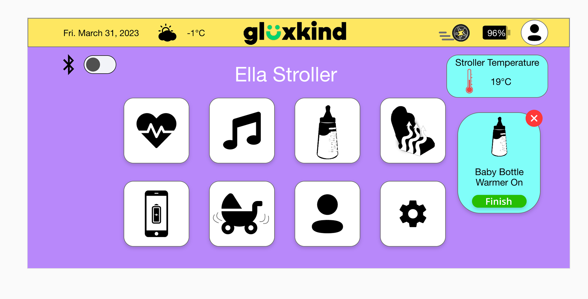 Homepage of the UI Design on a screen that is located on the stroller and can access it on their phone too. It also has features on it where people can select the bluetooth button, music button, baby bottle warmer, a phone with an charging icon in the middle of the phone, the rocking stroller, the profile icon and the settings icon. It also shows the temperature of the stroller. There is a baby bottle warmer icon with a finished button meaning that it is finished.