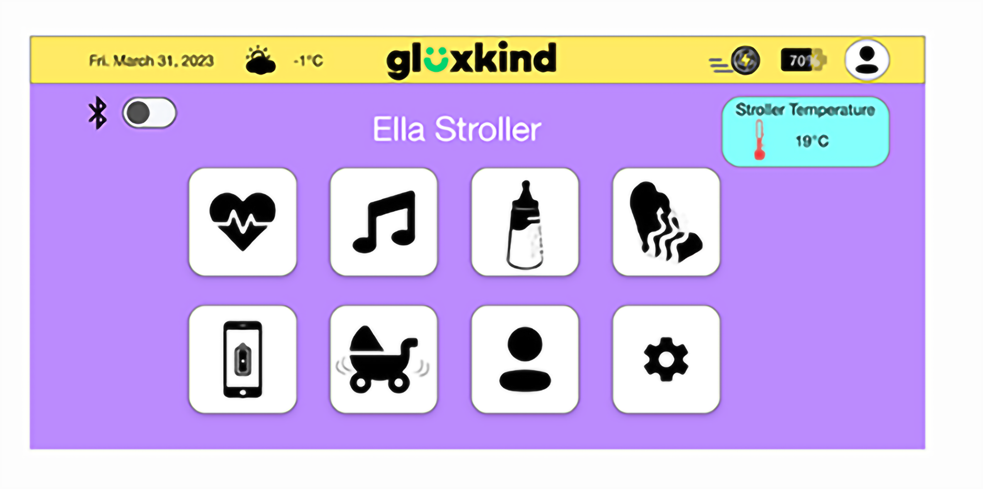 Homepage of the UI Design on a screen that is located on the stroller and can access it on their phone too