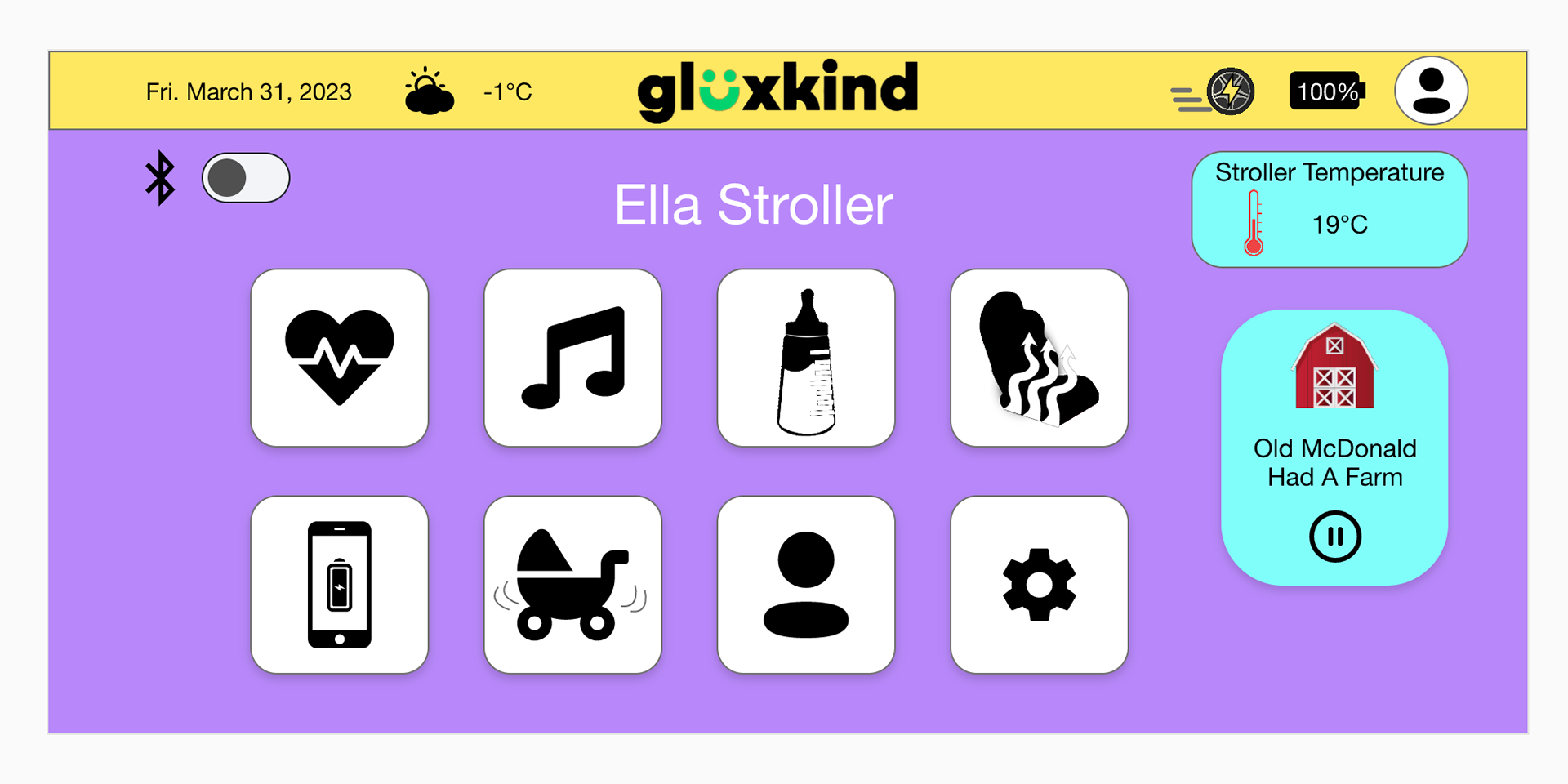 Homepage of the UI Design on a screen that is located on the stroller and can access it on their phone too. It also has features on it where people can select the bluetooth button, music button, baby bottle warmer, a phone with an charging icon in the middle of the phone, the rocking stroller, the profile icon and the settings icon. It also shows the temperature of the stroller. There is a barn icon meaning the sound is being played.