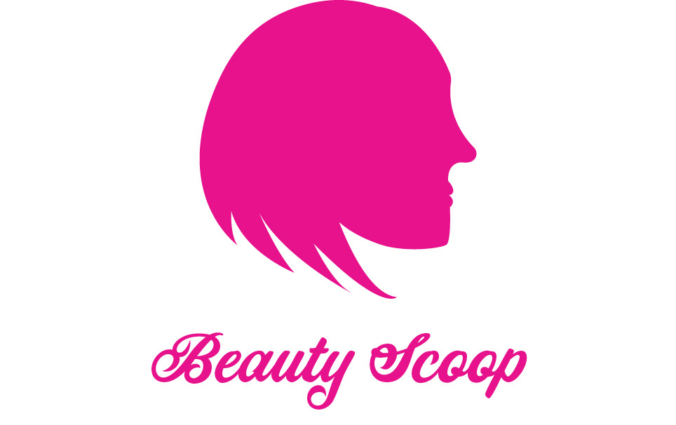 Logo of a vector image of a sihouette of a female face on the side with short hair in a pink colour and underneath is the name Beauty Scoop in a pink colour.
