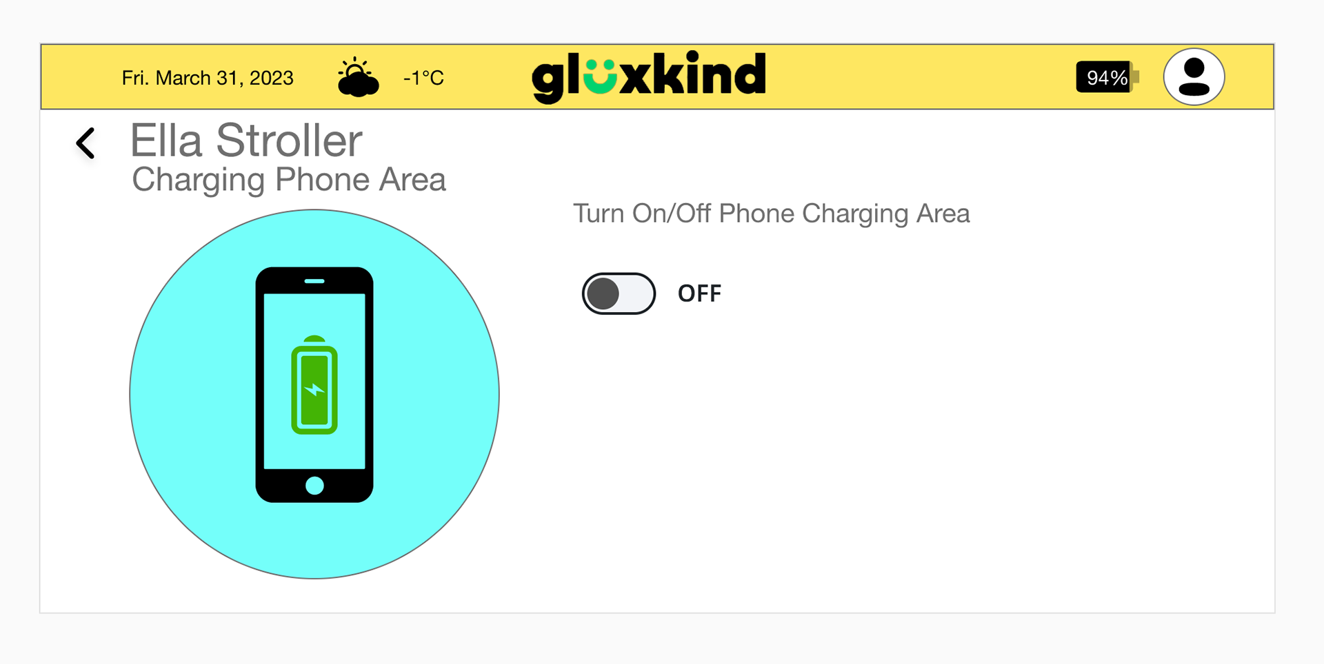 In this image is the Charing Phone area where there is an icon of a phone that has a charging icon in the middle of the phone icon and there is a button that switches on or off the phone charging area.