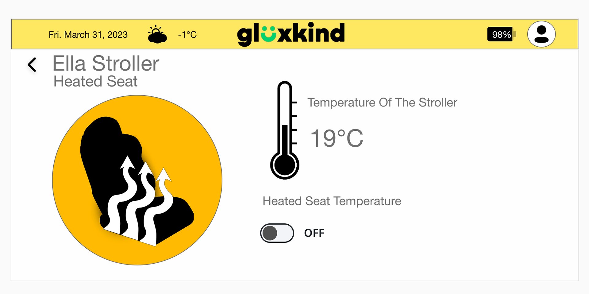 In this image is the Heated Seat area where there is a heated seat icon, there is an icon of the thermometer and there is a button that switches on the heated seat.